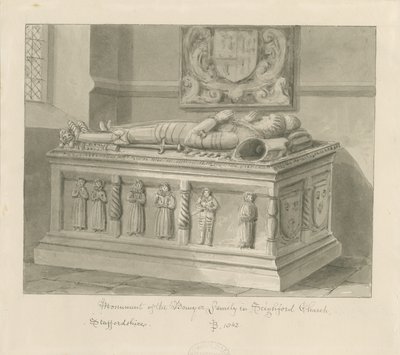 Seighford Church - Tomb of William and Mercy Bowyer: sepiatvättteckning, 1842 av John Buckler