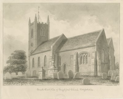 Seighford Church: sepiatvättteckning, 1842 av John Buckler
