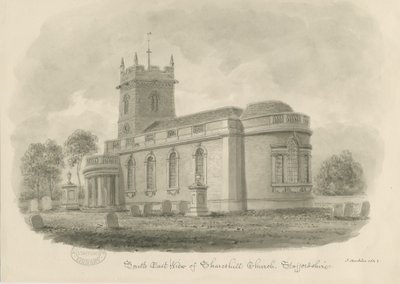 Shareshill Church: sepiateckning, 1843 av John Buckler