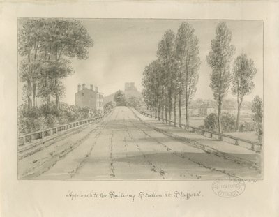 Stafford - Approach to Railway Station: sepia ritning av John Buckler