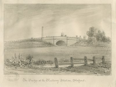 Stafford - Bridge at Railway Station: sepiateckning, 1841 av John Buckler