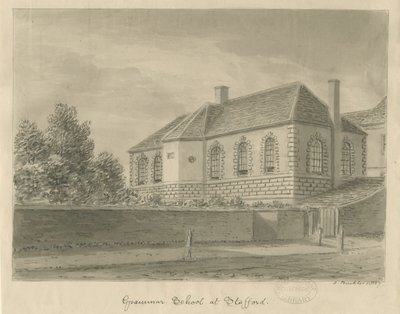 Stafford - Grammar School: sepiateckning, 1837 av John Buckler