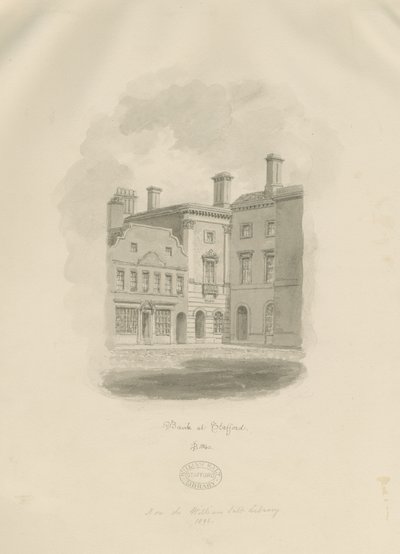 Stafford - Old Bank in Market Square: sepiateckning av John Buckler