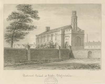 Stoke-upon-Trent - National School: sepiateckning, 1840 av John Buckler