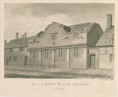 Tamworth - Grammar School: sepiateckning, 1838 av John Buckler