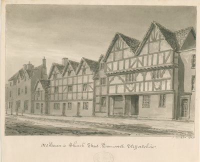 Tamworth - Old Houses in Church Street: sepiatvättteckning, 1838 av John Buckler