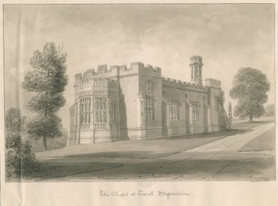 Tixall - Kapell i Tixall Hall: sepiatvättteckning av John Buckler