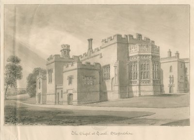 Tixall - Kapell i Tixall Hall: sepiatvättteckning, 1841 av John Buckler