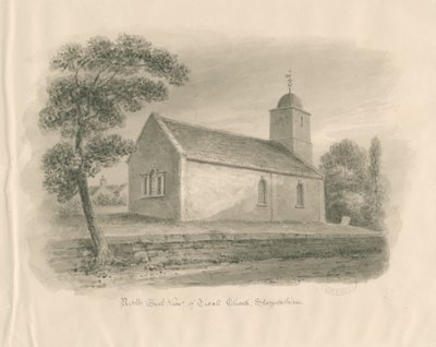 Tixall kyrka: sepia tvätt ritning, nd [?1841] av John Buckler