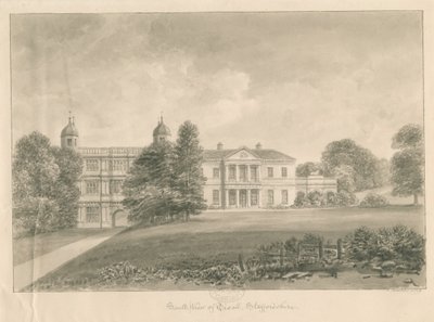 Tixall Hall and Gatehouse: sepiatvättteckning, 1842 av John Buckler