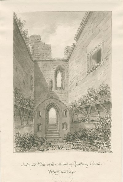Tutbury Castle - Ruinernas inre: sepiatvättteckning av John Buckler