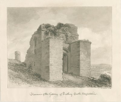 Tutbury Castle - Remains of the Gateway: sepiatvättteckning av John Buckler