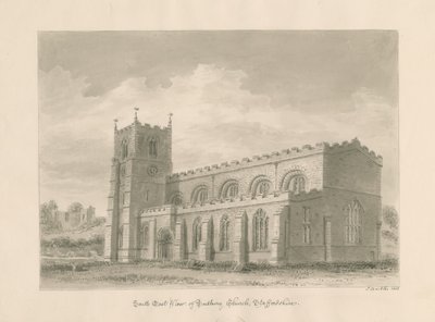 Tutbury Priory Church: sepiatvättteckning, 1812 av John Buckler