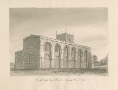 Tutbury Priory Church: sepiatvättteckning, 1812 av John Buckler