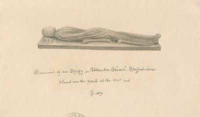 Uttoxeter Church - Effigy: sepiatvättteckning av John Buckler