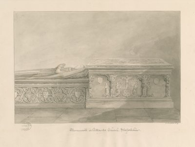 Uttoxeter Church - Tombs av Thomas Kinnersley och en kvinna: sepia tvätt ritning av John Buckler