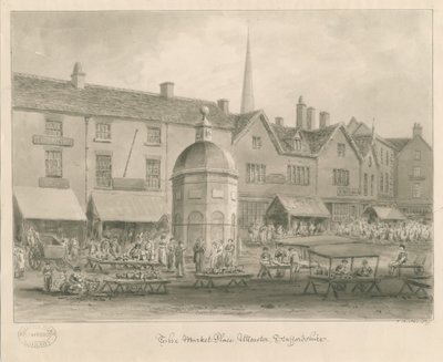 Uttoxeter Town - Market Place: sepiatvättteckning av John Buckler