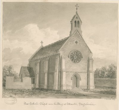 Uttoxeter Town - New Catholic Chapel: sepiateckning av John Buckler