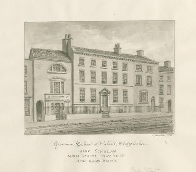 Walsall Town - Grammar School: sepiatvättteckning, 1845 av John Buckler