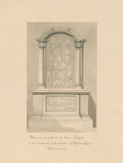 Westmorland - Appleby Church - Monument till Lady Anne Clifford: sepiateckning, 1800 av John Buckler