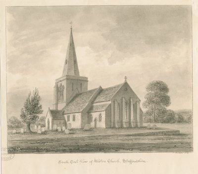 Weston-on-Trent Church: sepiateckning, 1841 av John Buckler