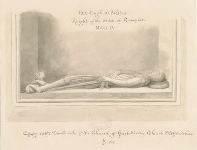 Weston-under-Lizard Church - Effigy of Sir Hugh de Weston: sepiateckning, 1842 av John Buckler