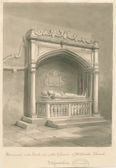 Wolstanton Church - Monument: sepia tvätt ritning av John Buckler