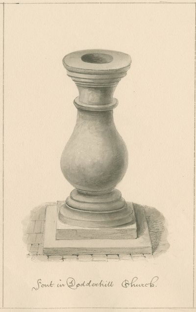 Worcestershire - Droitwich - Dodderhill Church Font: sepiateckning, 1833 av John Buckler