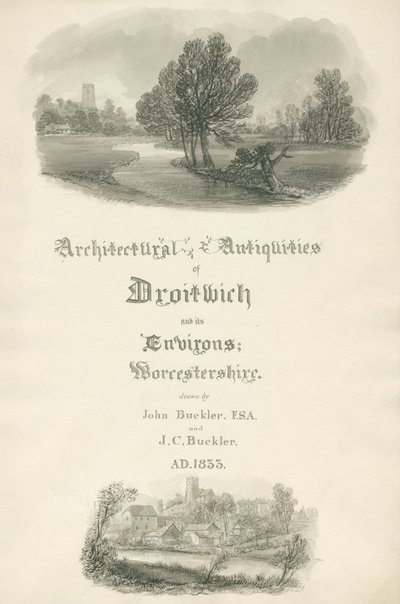 Worcestershire - Titelsida för portfolio av arbeten av John och J. C. Buckler: sepiateckning av John Buckler