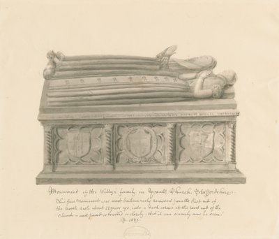 Yoxall Church - Monument över familjen Wellys: sepiateckning av John Buckler