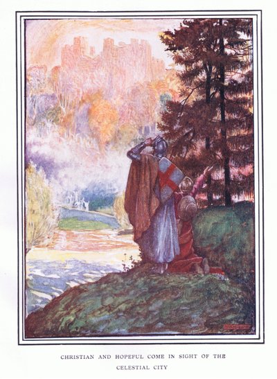 Kristne og håbefulde kommer i syne af den himmelske by swed av John Byam Liston Shaw