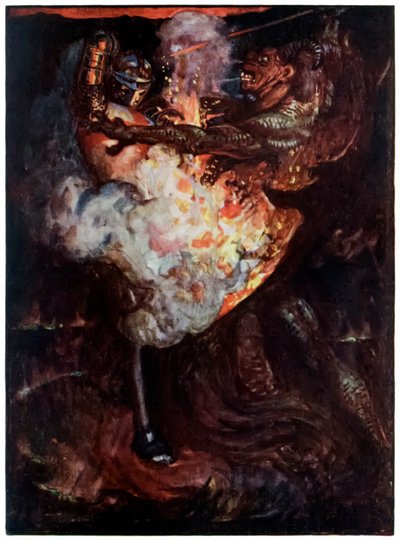 Kristna slagsmål med Apollyon från The Pilgrims Progress From This World, To That What Is To Come av John Bunyan (1628-1688) Illustration av Byam Shaw (1872-1919) som visar kristna strider mot Apollyon av John Byam Liston Shaw