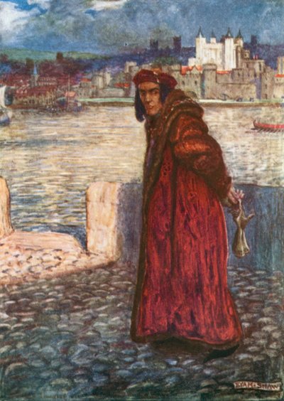 "Dyk tankar ner till min själ! Här kommer Clarence". Richard III - Akt I, Scen 1 (färglitografi) av John Byam Liston Shaw