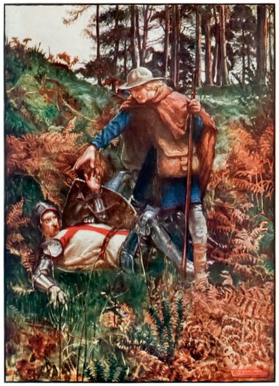 Faithful hjälper Christian upp efter hans fall från The Pilgrims Progress From This World, To That What Is To Come av John Bunyan (1628-1688) Illustration av Byam Shaw (1872-1919) som visar kristen varelse av John Byam Liston Shaw