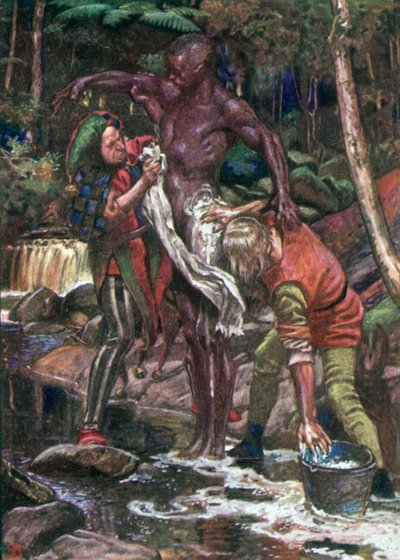 Fool and Want-Wit tvättar etiopiern (färglitografi) av John Byam Liston Shaw