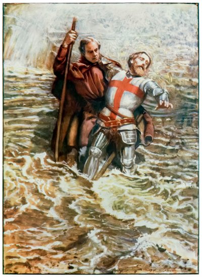 Hopeful hjälper Christian att korsa floden från The Pilgrims Progress From This World, To That What Is To Come av John Bunyan (1628-1688) Illustration av Byam Shaw (1872-1919), pilgrimerna korsar av John Byam Liston Shaw