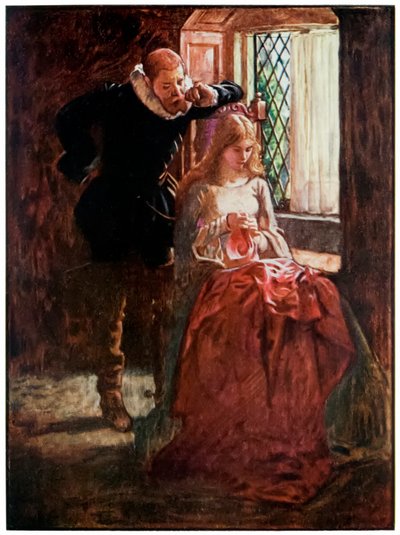Mr Brisk and Mercy from The Pilgrims Progress From This World, To That Who Is To Come av John Bunyan (1628-1688) Illustration av Byam Shaw (1872-1919), Mr Brisk uppvaktar nåd tills han upptäcker henne i av John Byam Liston Shaw