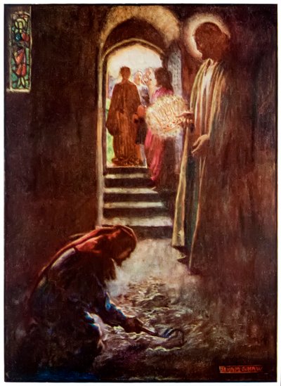 Mannen med muck-rake från The Pilgrims Progress From This World, To That What Is To Come av John Bunyan (1628-1688) Illustration av Byam Shaw (1872-1919), I Tolkhuset kan mannen av John Byam Liston Shaw