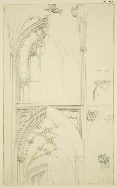 Detaljer om Clerestory Window Tracery och Vaulting of the Aisle nedan, i St Mary Redcliffe (penna och akvarell på papper) av John Carter