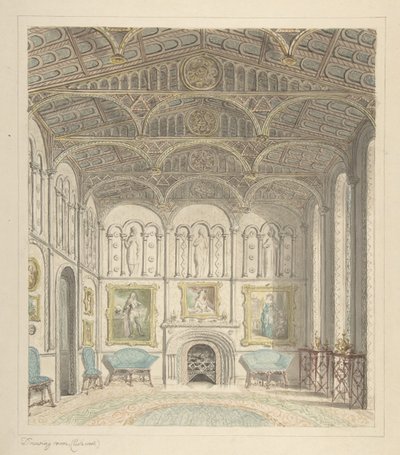 Salongen av Lea Castle, Looking West, ca. 1816. av John Carter.