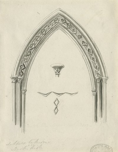 Interiör av Lichfield Cathedral - Arch i North Aisle: sepiateckning, nd [?1800-talet] (ritning) av John Carter