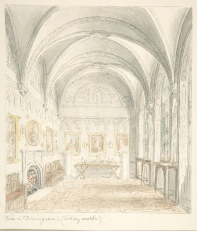 Lea Castle, Worcestershire, matsal med utsikt mot söder, ca. 1816. av John Carter.