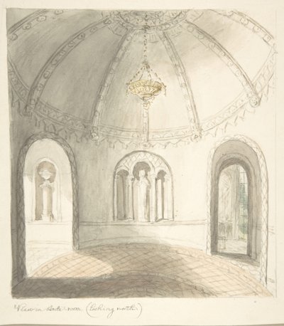 Lea Castle, Worcestershire, Utsikt i Ante-room, Looking North, ca. 1816. av John Carter.