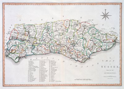 Karta över Sussex, 26 mars 1805 (handfärgad gravyr) av John Cary