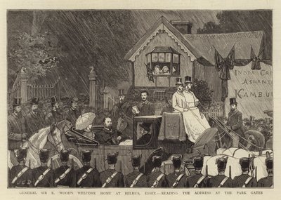 General Sir E Woods välkomsthem i Belhus, Essex, läser tilltalet vid Park Gates av John Charles Dollman
