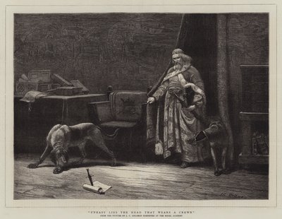 Orolig ligger det huvud som bär en krona av John Charles Dollman