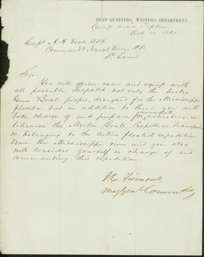 Letter signed J.C. Fremont, Major General Commanding, Head Quarters, Western Department, camp near Tipton, to Captain A.H. Foote, U.S.N. Commanding Naval Forces H.D., St. Louis, October 11, 1861 av John Charles Frémont