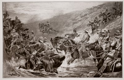 The Dash for Kimberley - The 10th Hussars Crossing Klip Drift, efter en sketch av G.D. Giles (fl.1890) av John Charlton