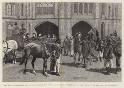 Drottningen tar emot de fem arabiska hästarna på Windsor Castle som presenterades för hennes majestät av sultanen av Muscat av John Charlton