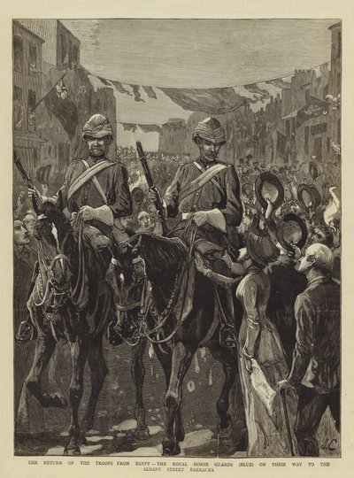 Truppernas återkomst från Egypten, Royal Horse Guards (blå) på väg till Albany Street Barracks av John Charlton